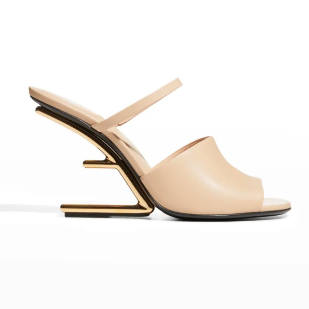 Fendi 95mm Leather Metallic-Heel Slide Sandals